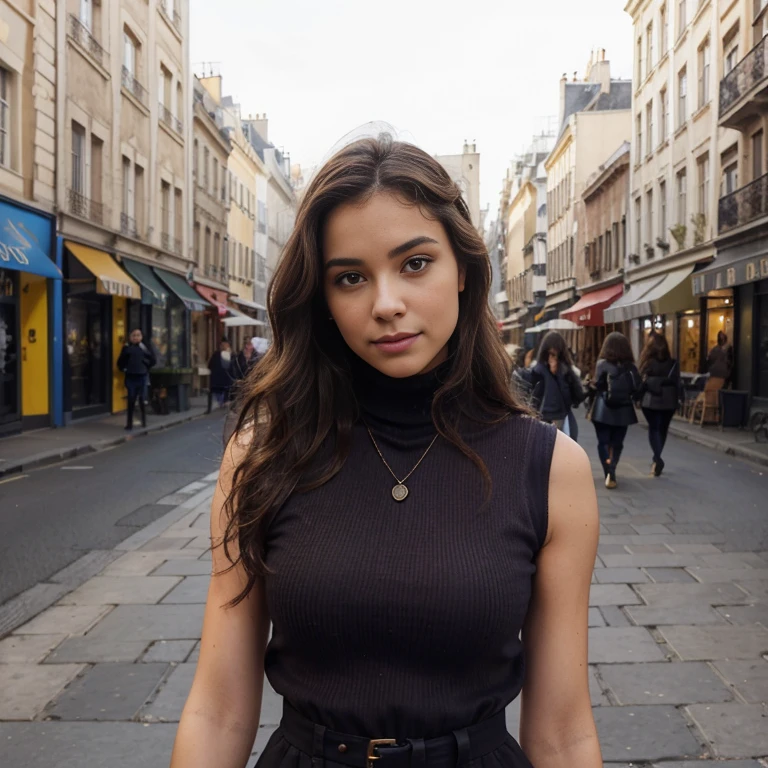 Belle femme, Detailed Sleeveless Turtleneck Top, pantalon, femme brune, corps parfait, collier, Wavy hair, visage parfait, beau visage, attractive, de grands yeux marons magnifiques, heureux, (outside), Rues de la ville, New York, Couleurs vives