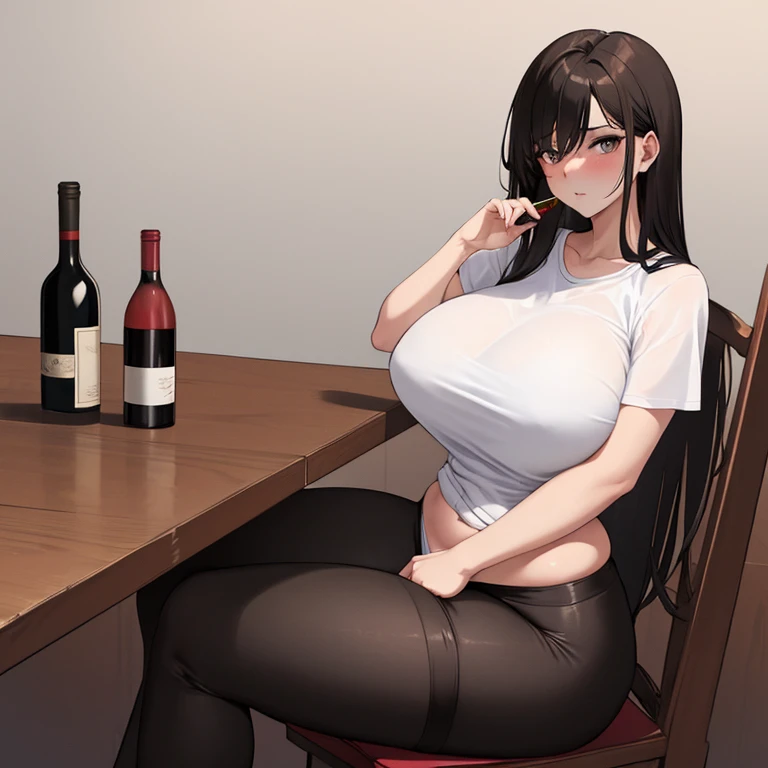 1 woman, sitting on a chair at a table, sexy bir curvy body, gorgeous, Dark dishevelled hair, languid and sad look, a little drunk, a bottle of wine on the table, holds a wine glass in her hand, (big tits), (waist is flat), wears black leggings and a very low-cut, tight white T-shirt, hig realism, masterpiece