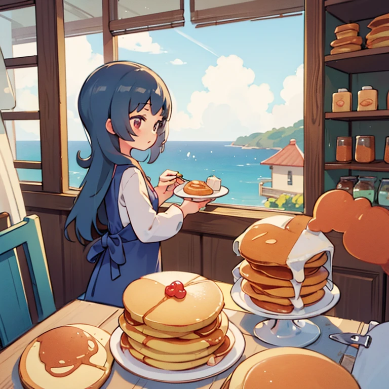 Girls baking pancakes in a shop　A lot of pancakes on the table　detailed pancakes　A shop with a view of the sea in the background　