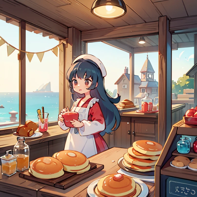 Girls baking pancakes in a shop　A lot of pancakes on the table　detailed pancakes　A shop with a view of the sea in the background　