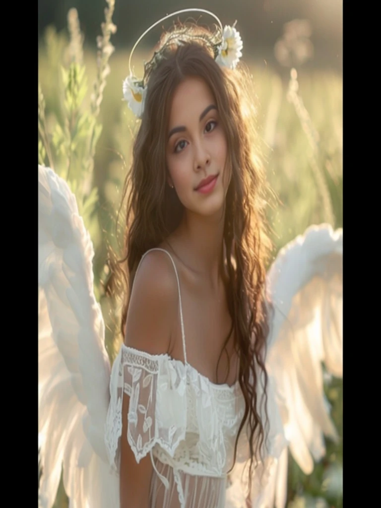 Araaf woman with angel wings and white dress is in the field., of an beautiful young angel, beautiful angel, portrait of a beautiful angel, beautiful female angel, of beautiful angel, girl with angel wings, beautiful young angel portrait, young angel, beautiful angelic wings, Could be an angel., Angel wings on her back, With beautiful wings., Soft Devil Queen Madison Beer