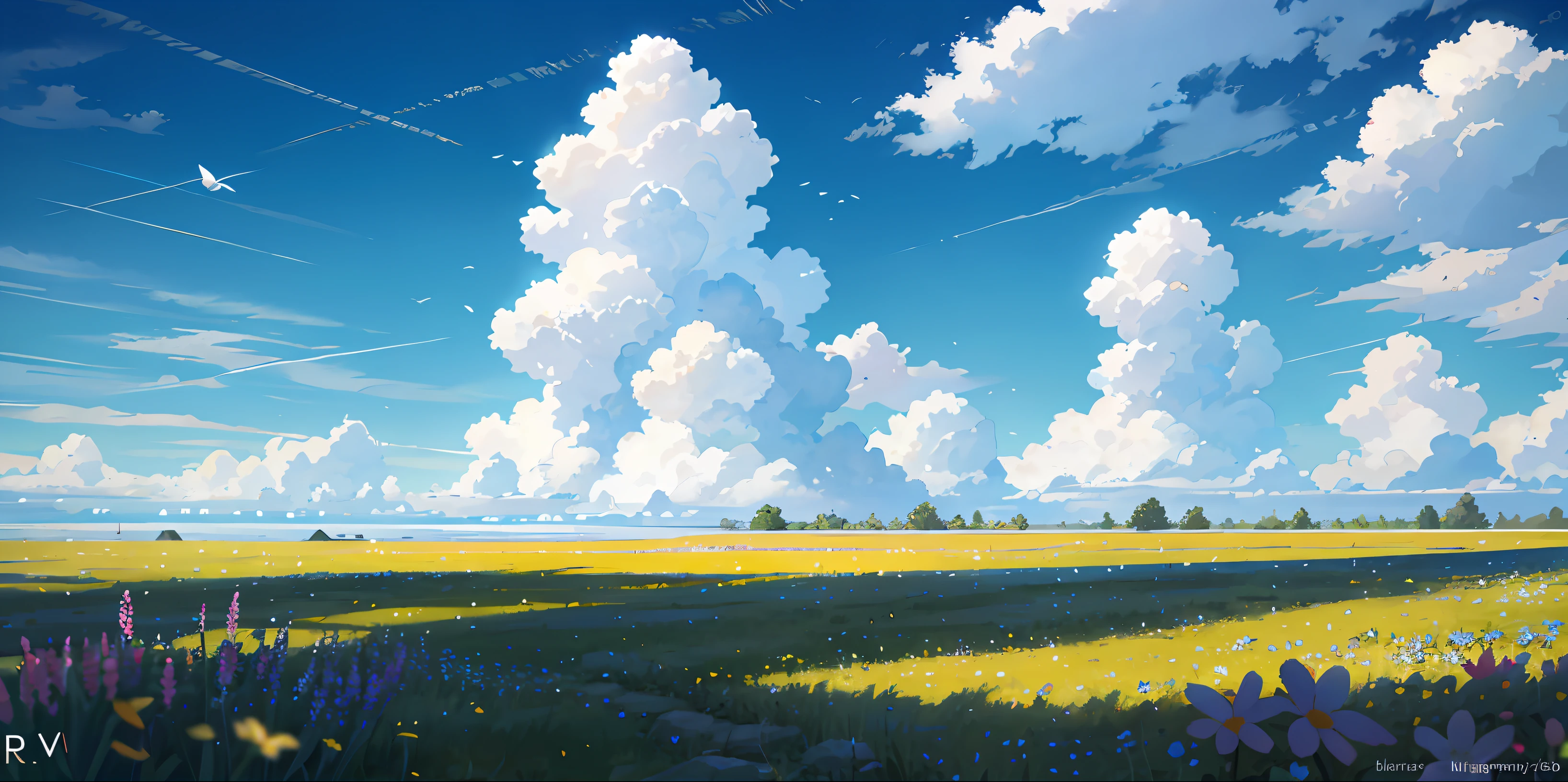 pradera de verano, Prado, few small flowers, grandes nubes, cielo azul, Clima caliente, high definition detail, hiper-detalle, cinematographic, surrealism, Luz tenue, bokeh de enfoque de campo profundo, trazado de rayos, and surrealism. --a las 6