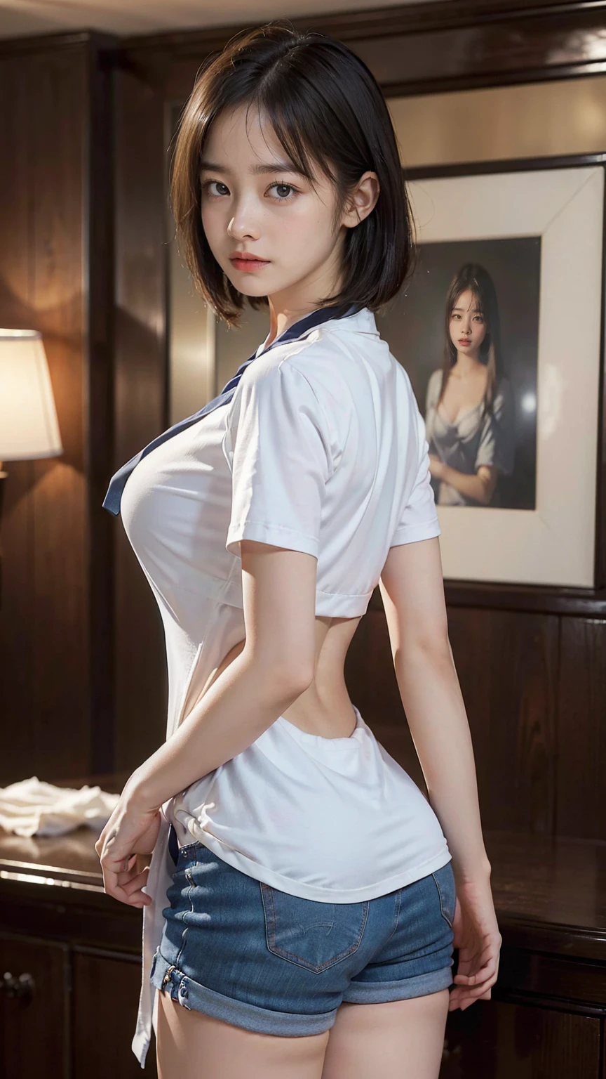 (hig彼st quality、8k、32k、masterpiece)、(Realistic)、(Realistic:1.2)、(High resolution)、Very detailed、Very beautiful face and eyes、1 girl、Delicate body、From Okinawa to the coast,(hig彼st quality、Attention to detail、Rich skin detail)、(hig彼st quality、8k、Oil paint:1.2)、Visible breasts,Smile,Sex Appeal,shy,Very detailed、(Realistic、Realistic:1.37)、Full Body Shot, (high school girl:1.6, White blouse, Dark blue tight shorts, tie), short hair, (((, Large Breasts, Round and seductive ass,I'm in the kitchen,Sticking her ass out to the camera,doggy style)))