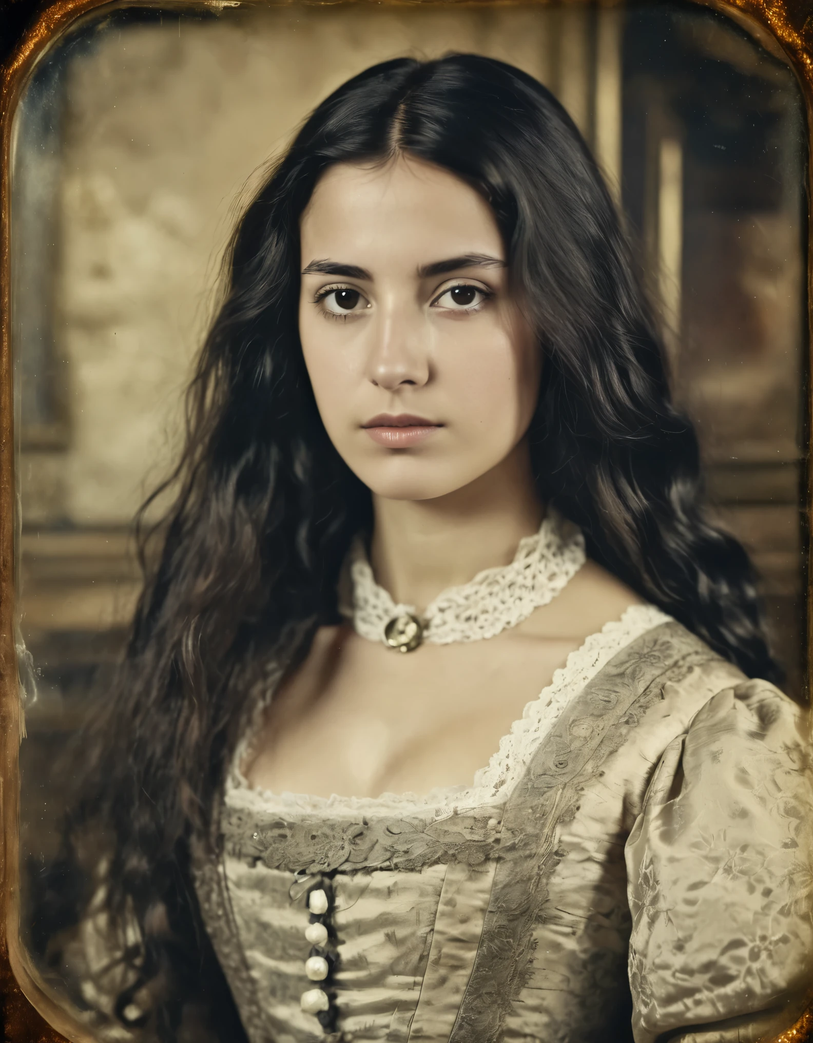 ((daguerreotype photo)), medium shot, high resolution of 1 beautiful young Spanish woman,  long hair, antique clothing, victorian clothing, background of an old house salon, scratched daguerreotype, focus on face