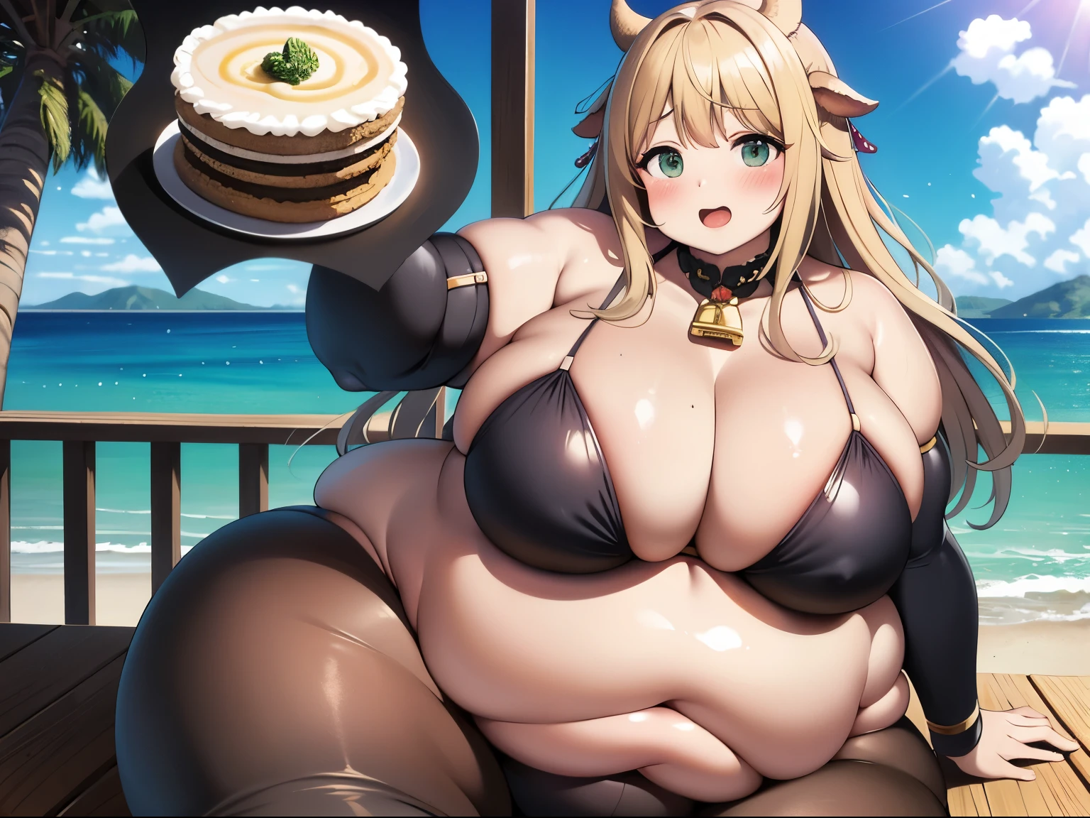 ((highest quality)), ((masterpiece)), (detailed), Perfect Face, Define the body, Big cleavage, Big Hips, massive legs, Overflowing breasts, Fat arms, Underbust, Fat, Xenoblade Chronicles 2 Mithra, (((extremely obese))), body whale-like size, body covered in fat, cow print bikini, eat a lot of dishes, blondehair, ((belly)), smile, outdoor, ranch, open mouth,  blush, sit