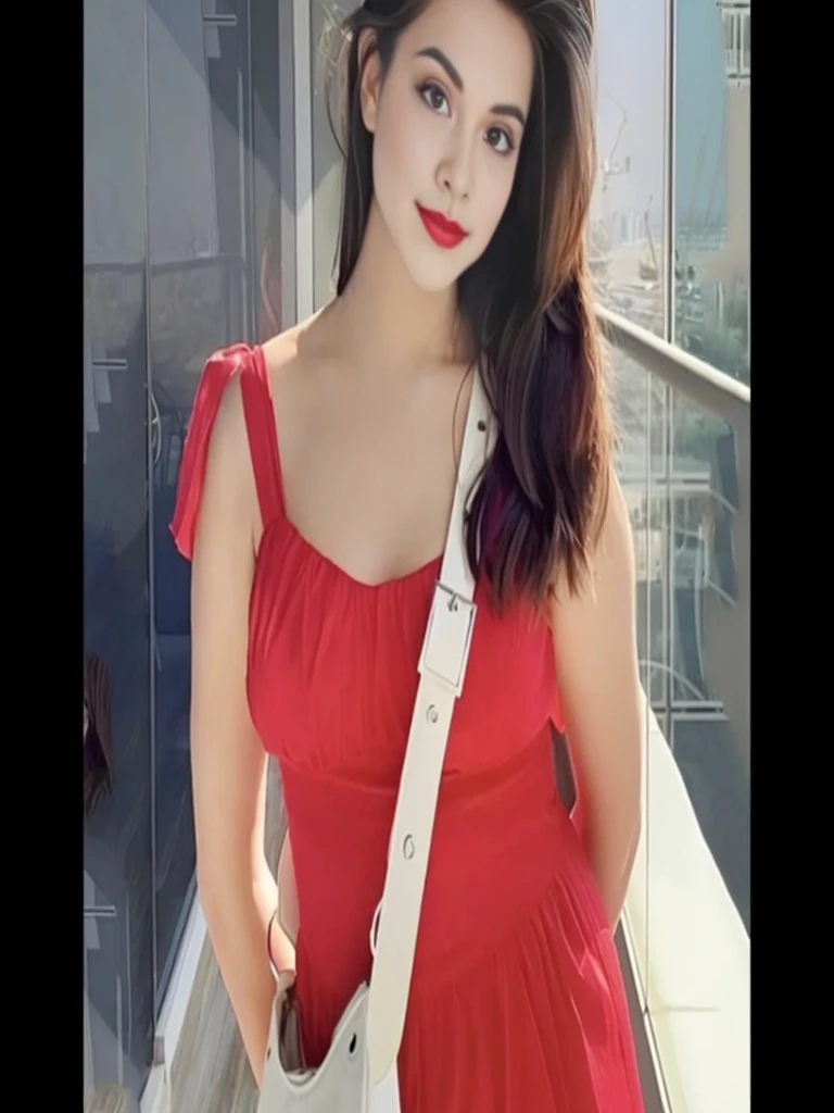a close up of a woman In a red dress. holding a white purse, charming girl, Beautiful and cute, charming and beautiful, With a cute appearance, very beautiful woman, very charming and beautiful, beautiful young woman, gorgeous woman, cute woman, In a red dress., cute woman, Beautiful and cute, wear red dress, charming, wear red dress, jaw-dropping beauty