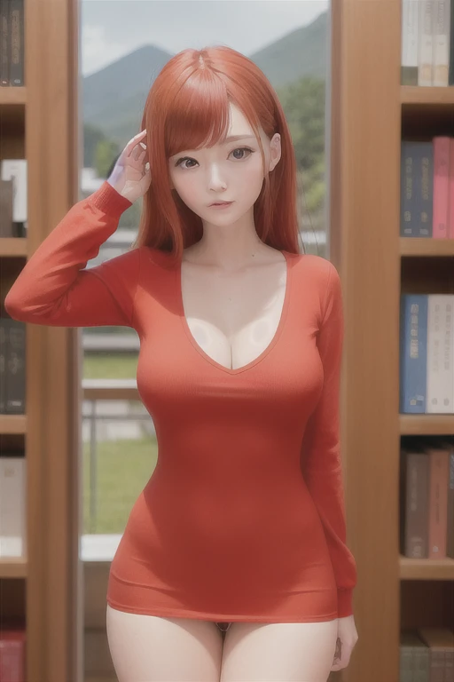 Une femme, 25 ans, cheveux longs, red hairs, rousse, beaucoup de Détails, dans un volcan, japanese  outfit, collant, lunette, nattes, in a library