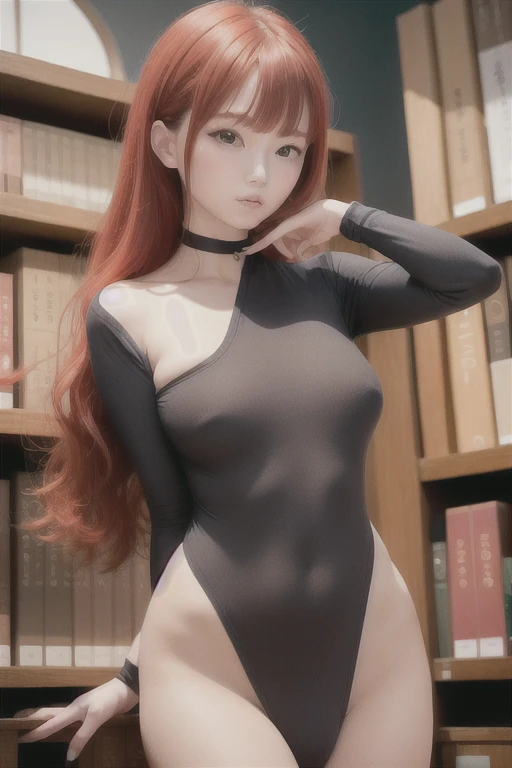 Une femme, 25 ans, cheveux longs, red hairs, rousse, beaucoup de Détails, dans un volcan, japanese  outfit, collant, lunette, nattes, in a library