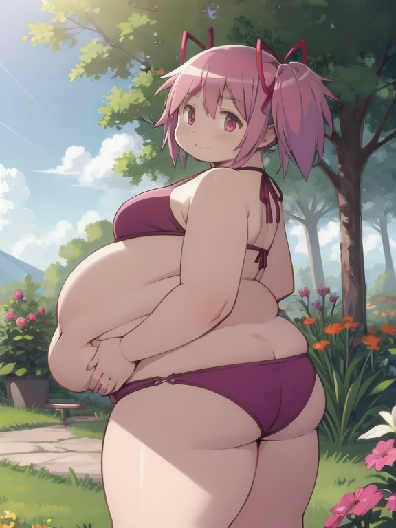 1girl, solo, masterpiece, best quality,
        mahou shoujo madoka magica, obese kaname madoka, fat madoka kaname, pink eyes, pink hair, fat belly, fat arms, thick thighs, big butt, obese , chonky, short hair, twintails, white short twintails, hair ribbon, magical girl, small breasts, pink bikini
          cowboy shot, twisted torso, looking back,
          blush, seductive smile, happy
          outdoors, garden