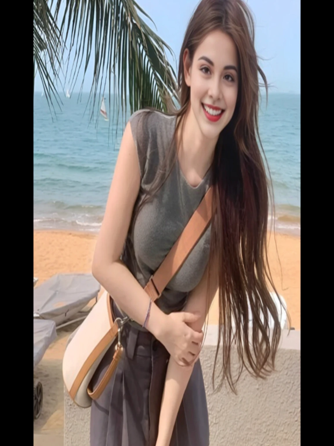Long-haired Arab woman standing on the beach with a wallet, A cute smile, a lovely young woman, young and cute girl, very beautiful woman, Beautiful and smiling, lovely young woman, Dilraba Dilmurat, Niwan Chandra, with a beautifull smile, beautiful female model, cute smile seductive, beautiful female model