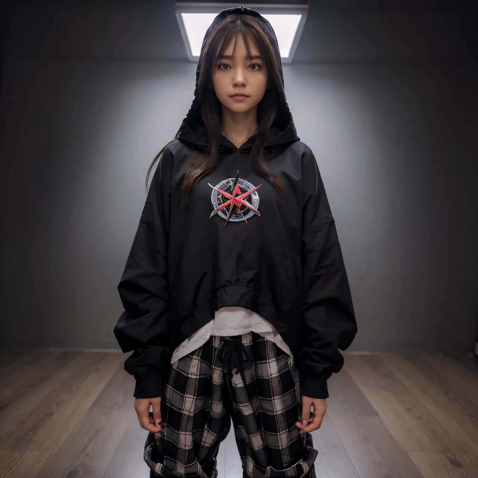 highres 1girl ahoge brown_eyes baggy_shirt dojikko_pose hood hooded_jacket jacket long_hair one_eye_closed pentagram black_hair plaid plaid_bow plaid_baggy pants_pants shirt shoelaces shoes simple_background standing pants solo star_(symbol) long_ponytail wariza white_background, full body