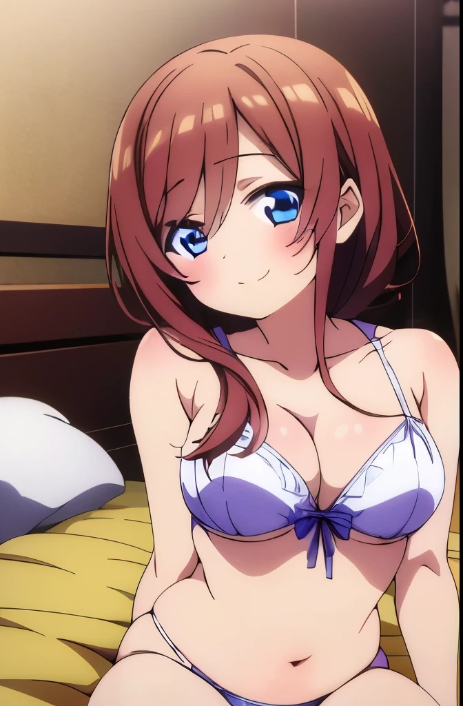 ((masterpiece)), ((best quality)), (ultra-detailed), anime style, on the bed, a cute girl, 1girl, solo, smile, underwear00