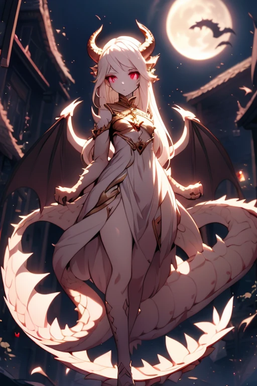 1girl, glowing eyes, wavy white hair, demure ornate dress, scales, lots of scales on face, dragon wings, medium chest, dragon horns, slender clawed hands, under the moon, slender figure, scaled humanoid, dragon eyes