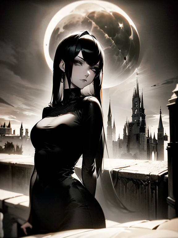 ((1 chica)), pelo largo y negro, Cuello de gargantilla, esposas, Vestido largo negro estilo victoriano., de pie, dramatic pose, tiro de vaquero, gothic castle, noche, nochetime, Una luna, luz de la luna, velas, luz de una vela, dramatic lighting, cinematic lighting, 