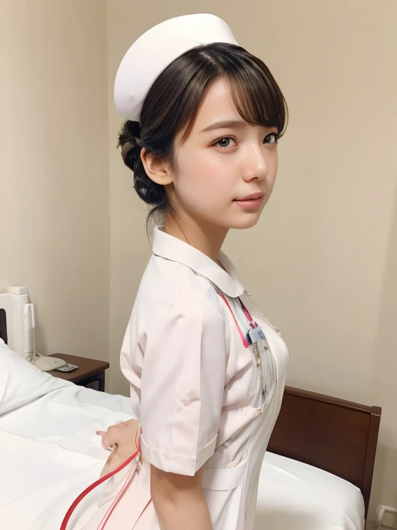 1 girl,(Wearing white nurse clothes:1.2),(RAW Photos, highest quality), (Realistic, photo-Realistic:1.4), masterpiece, Very delicate and beautiful, Very detailed, 2k wallpaper, wonderful, finely, Very detailed CG unity 8k wallpaper, Very detailed, High resolution, Soft Light, Beautiful detailed girl, Very detailed eyes and face, Beautiful and detailed nose, finely beautiful eyes, Perfect Anatomy, Black Hair, Upstyle, nurse uniform, ((nurse cap)), Long skirt, nurse, White costume, thin, hospital, clear, White Uniform, hospital room, Neck auscultation, 