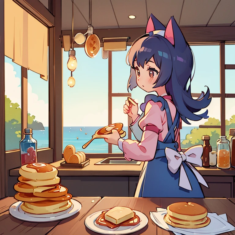 Girls baking pancakes in a shop　A lot of pancakes on the table　detailed pancakes　A shop with a view of the sea in the background　Cat-eared waitress　Apron dress　