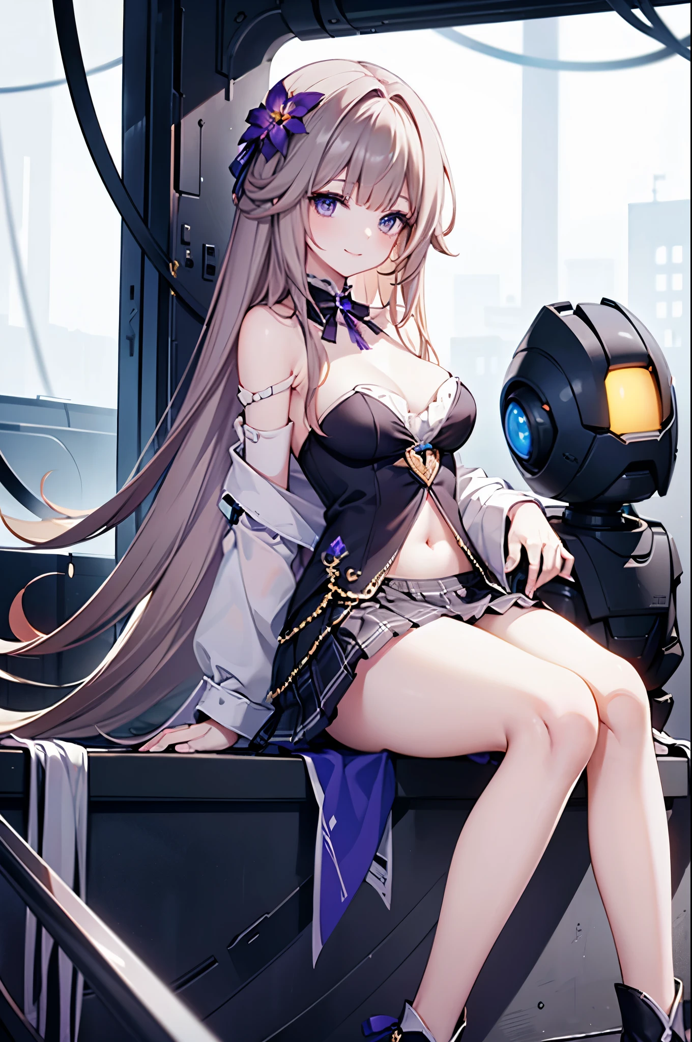 realistic image, detailed image, coherent image, 1 beautiful girl, she has very long hair, cream-colored hair. Her eyes are violet. Smiling expression. She is wearing a strapless top, plaid pleated mini skirt, She has a curvy body, small breasts and thick thighs, She is sitting on her knees, arching her back. view from below. futuristic atmosphere, surrounded by robots, surrounded by flowers. Soft focus, Dramatic shadows, Volumetric lighting, natural lighting,