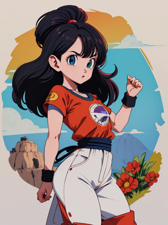 Obra maestra, mejor calidad, high resolution, Dragon Ball, blmmid, pelo aguamarina, pelo medio, flequillo contundente, diadema roja, pechos medianos, camisa, Falda, tiro de vaquero, adentro, de pie,
