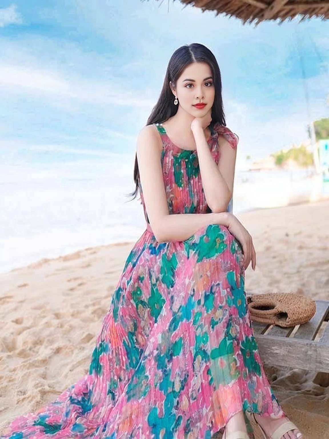 araffe woman sitting on a bench on the beach in a colorful outfit, Dilraba Dilmurat, colorful outfit, long dress, Wear a long floral dress, In Lammanh style, Ao Dai, Actress, beautiful, สีสันbeautifulงาม, soft silk dress, ผู้หญิงที่beautifulมาก, Tomorrow, Tran., cute woman, ผู้หญิงที่beautifulมาก ภาพ8k,