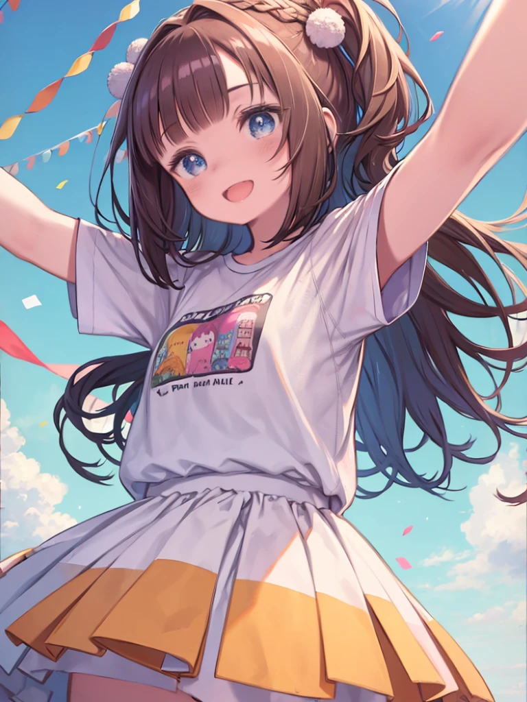 (masterpiece:1.5), figure, 4K, 8k, (high quality:1.1), Very detailed, Detailed face, High resolution, Vibrant colors, Natural light, Cute eyes, Fine grain, Colorful eyes, Beautiful Face, One girl, Long Hair, Messy Hair, Brown Hair, Double up braid, Scrunchie, hair ornaments, support leader, No sleeve, T-Shirts, Pom-pom, support, Standing beside the main road, Spread your arms wide, ((Confetti)), smile, Open your mouth, Establishing Shot