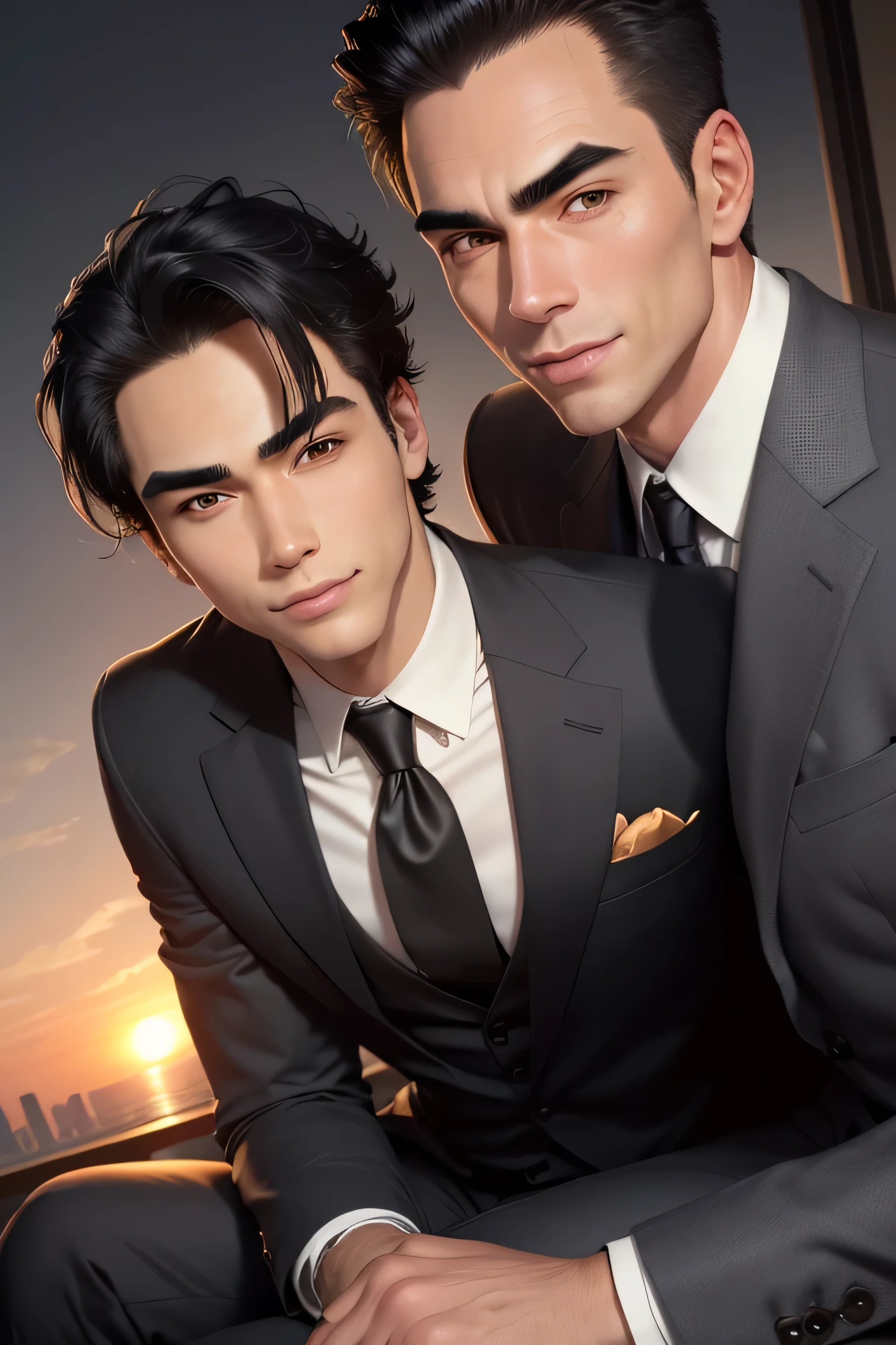 masterpiece, best quality, realistic, 2 man, male focus, mature, 1 tall muscular, handsome, [thick eyebrows:0.5], smile, suit, portrait, extremely detailed face, (black hair), (very short hair:1.3, forehead), (suit:1.3), sunset sky, dusk, another man not that tall, small and cute, divorced