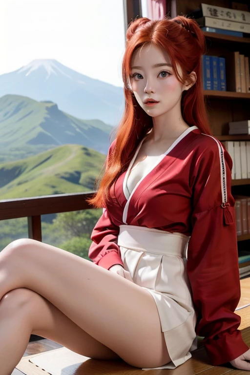 Une femme, 25 ans, cheveux longs, red hairs, rousse, beaucoup de Détails, dans un volcan, japanese outfit, collant, lunette, nattes, in a library