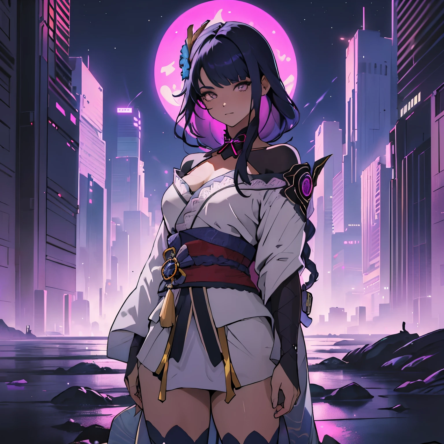 anime, (obra de arte, melhor qualidade, ultra-detalhado, alto contraste), 1 mulher (Sozinho, corpo todo, corpo plus size, standing on the edge of the skyscraper, cabelo prateado, CABELO LONGO E FLUXO, olhos vermelhos brilhantes de rubi, (Kimono preto, black cybernetics with neon pink), meias pretas transparentes), (skyscraper roof, com vista para uma cidade, fundo detalhado ((night time, Darkness, low light pollution)))