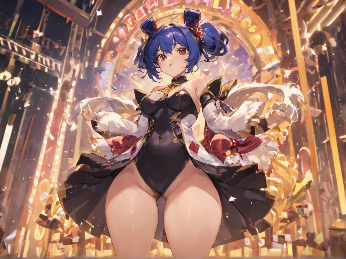 Goth anime girl Yelan (genshin impact) busty big   with thick thighs and big fat ass bigger than thighs and head and body with black and blue hair, in a casino party in playboy bunny suit ass view
