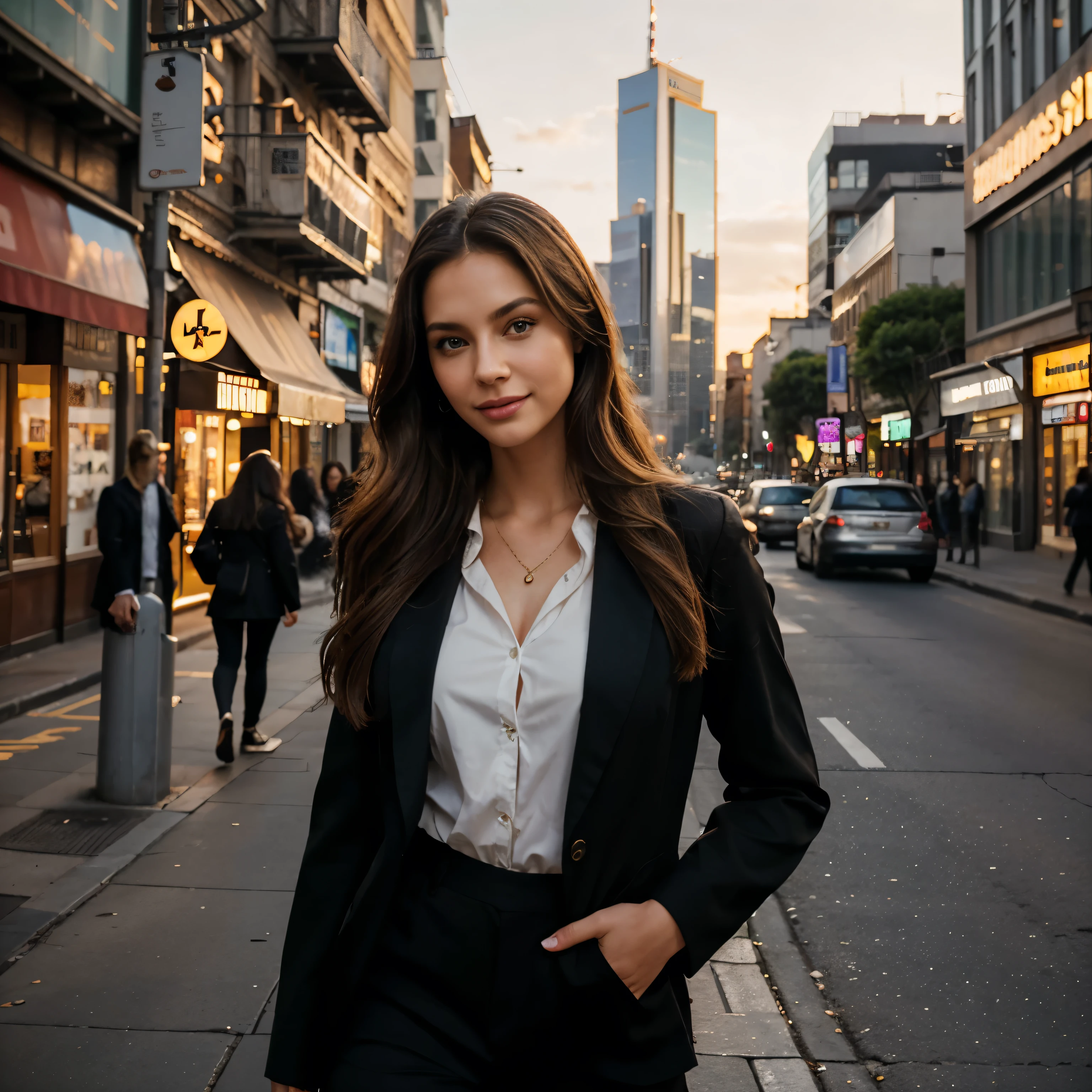 1 mulher magra, 1.56 de altura, Cabelo longo, Cabelo ondulado, cabelo moreno claro, pele macia, olhos verdes, sorriso, vegetation, Casual, Businesswoman style clothes, blazer preto, realista, with experience in a fancy restaurant, 8k super realista, super detailed and realistaOne walking in the city, acompanhado pelos sons movimentados de carros e passos. Beautiful detailed eyes and lips that add charm to your face. She is dressed in fashionable clothes, radiating confidence and elegance. The cityscape is filled with tall skyscrapers, vibrant neon lights, e ruas movimentadas. The air is filled with a mix of excitement and urban energy. The girl walks with purpose, her long eyelashes fluttering in the wind. The city is bathed in the warm glow of the sunset, casting a magical golden light over everything around you. The art is created in a realista style with ultra-detailed and vivid colors. The composition captures the dynamic atmosphere of the city, with a sharp focus on the girl as the central figure. Lighting emphasizes the contrast between light and shadow, adding depth to the scene. The overall image quality is of the best quality, with high resolution and excellent attention to detail. 1 mulher magra 1.56 de altura, Cabelo longo, Cabelo ondulado cabelo moreno claro color, pele macia, olhos verdes, sorriso, vegetation, Casual, Clothing businesswoman style, blazer preto, realista, com fundo de hotel chique, 8k super realista, super detailed and realista