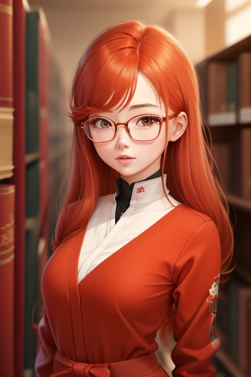Une femme, 25 ans, cheveux longs, red hairs, rousse, beaucoup de Détails, dans un volcan, japanese outfit, collant, lunette, nattes, in a library