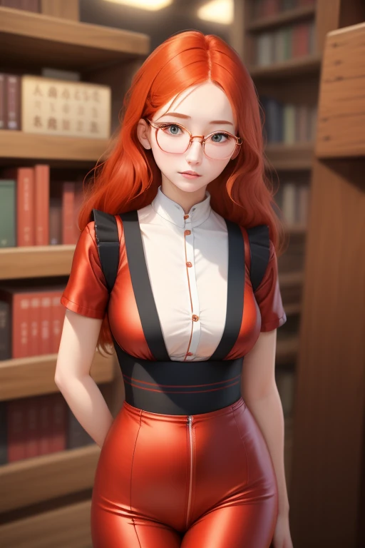 Une femme, 25 ans, cheveux longs, red hairs, rousse, beaucoup de Détails, dans un volcan, japanese outfit, collant, lunette, nattes, in a library