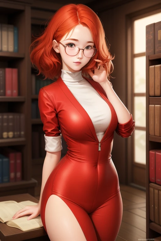 Une femme, 25 ans, cheveux longs, red hairs, rousse, beaucoup de Détails, dans un volcan, japanese  outfit, collant, lunette, nattes, in a library