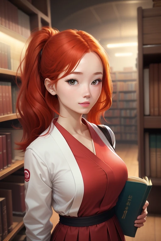 Une femme, 25 ans, cheveux longs, red hairs, rousse, beaucoup de Détails, dans un volcan, japanese  outfit, collant, lunette, nattes, in a library