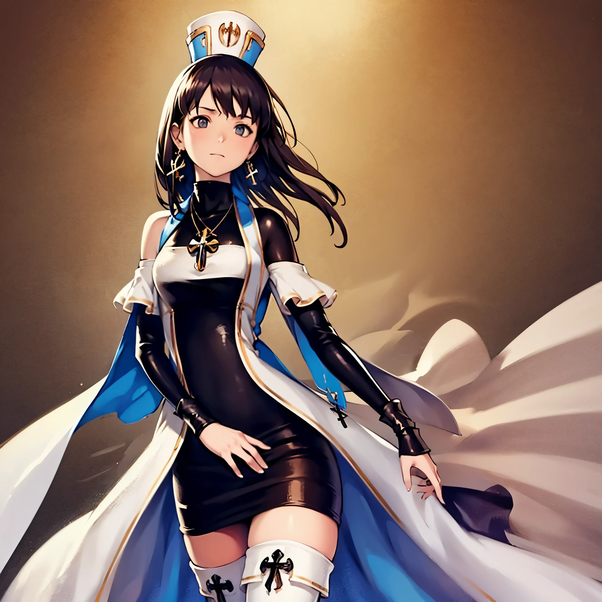 dnfCrusader, hat, cross necklace, cross earrings, black dress, detached sleeves, white thighhighs