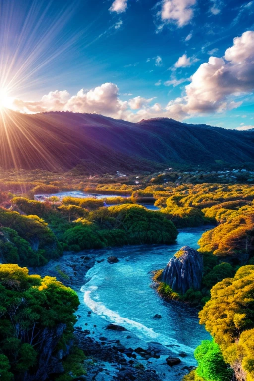 8K, fantastic style, tons vibrantes, fundo desfocado, luz intensa, natureza exuberante, blue sky.