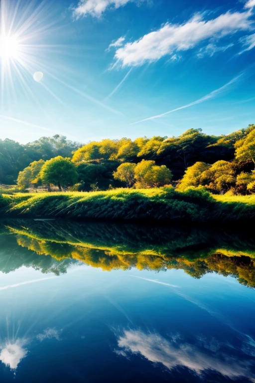 8K, fantastic style, tons vibrantes, fundo desfocado, luz intensa, natureza exuberante, blue sky.