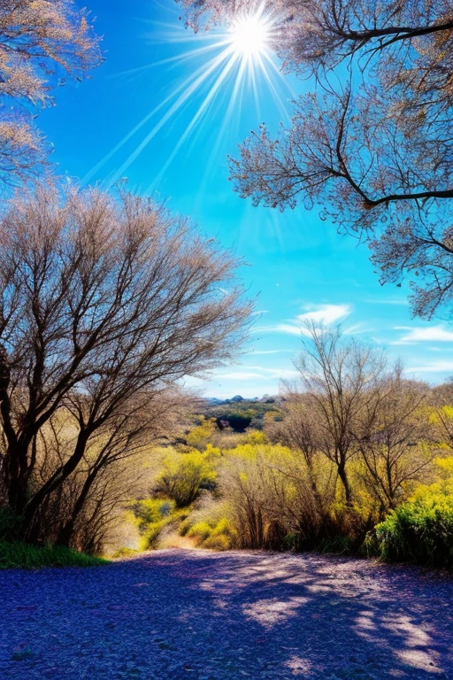 8K, fantastic style, tons vibrantes, fundo desfocado, luz intensa, natureza exuberante, blue sky.