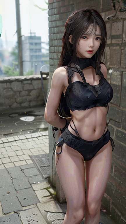 highest quality,masterpiece,Ultra-high resolution, Very detailed, 8k,(Beautiful woman),(一人のBeautiful woman),((Put your arms behind your back)),(((Bondage))),(execution),((incontinence)),Scared,torture,slave,((Woman bound in chains:1.5)),Crucifixion,Panties,bra,Large Breasts、,Defeated heroine,A ruined world,Remains,ruins,Browsing Caution