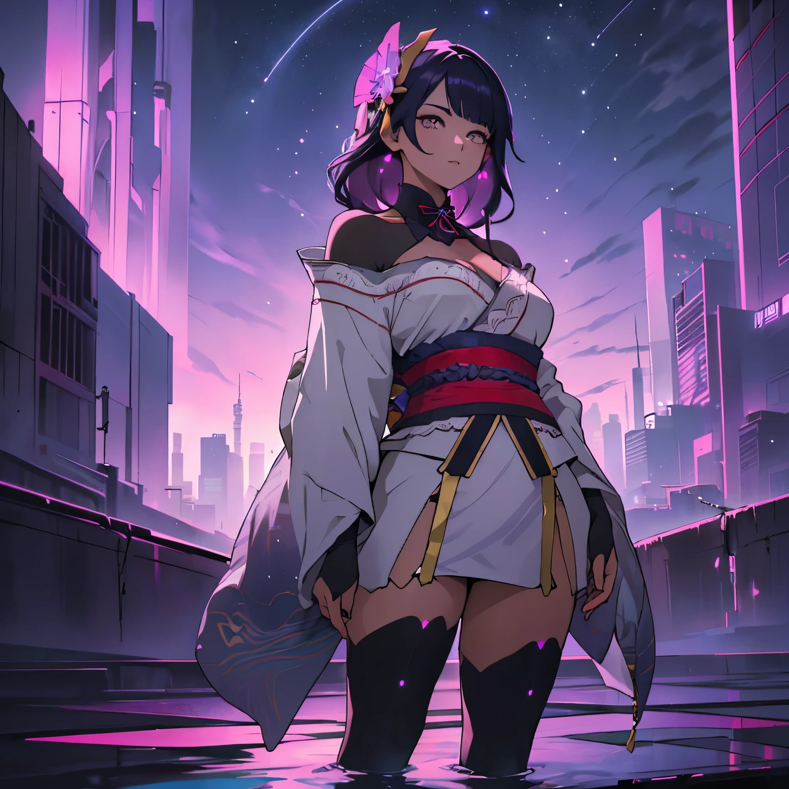 A woman in a bathrobe with headphones is by the pool、A beautiful night view behind、big breasts、sexy、Indoor pool with a night view、moonlight、exposed、Downlight、full moon、Stylish interior、Ruby Eye