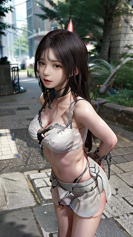 highest quality,masterpiece,Ultra-high resolution, Very detailed, 8k,(Beautiful woman),(一人のBeautiful woman),((Put your arms behind your back)),(((Bondage))),(execution),((incontinence)),Scared,torture,slave,((Woman bound in chains:1.5)),Crucifixion,Panties,bra,Large Breasts、,Defeated heroine,A ruined world,Remains,ruins,Browsing Caution