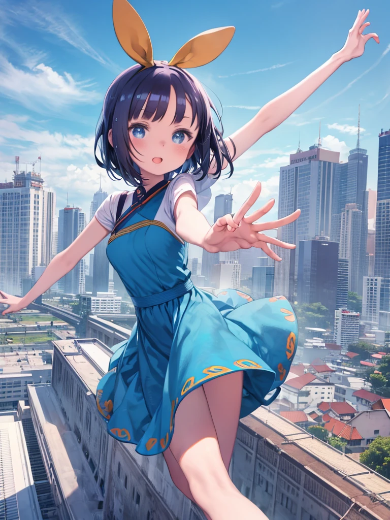 Cartoon girl in a blue dress running through the field、Cute modern trendy Indonesian girl in Indonesia city, fun dynamic poses