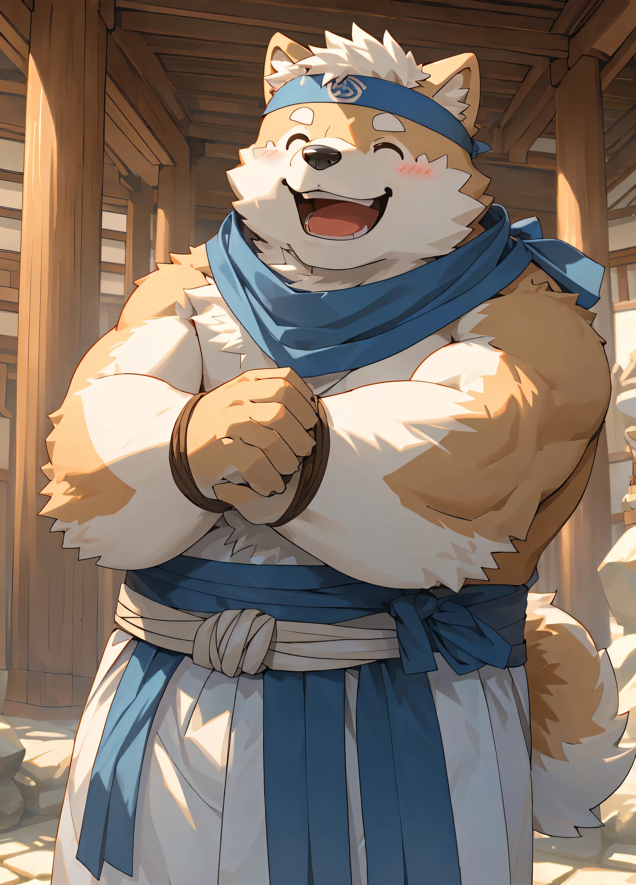 (masterpiece)，(Very detailed)，(best quality)，hairy，Shiba Inu，fur，white hair，Gray pupil，(Japan samurai attire)，((blue scarf))，((Brown Headband))，(((Arms wide open)))，(Want to hug)，(blush:1.1)，happy，Smile，Temple Background，8k，(high quality)，(Ultra HD)，(Super detailed)