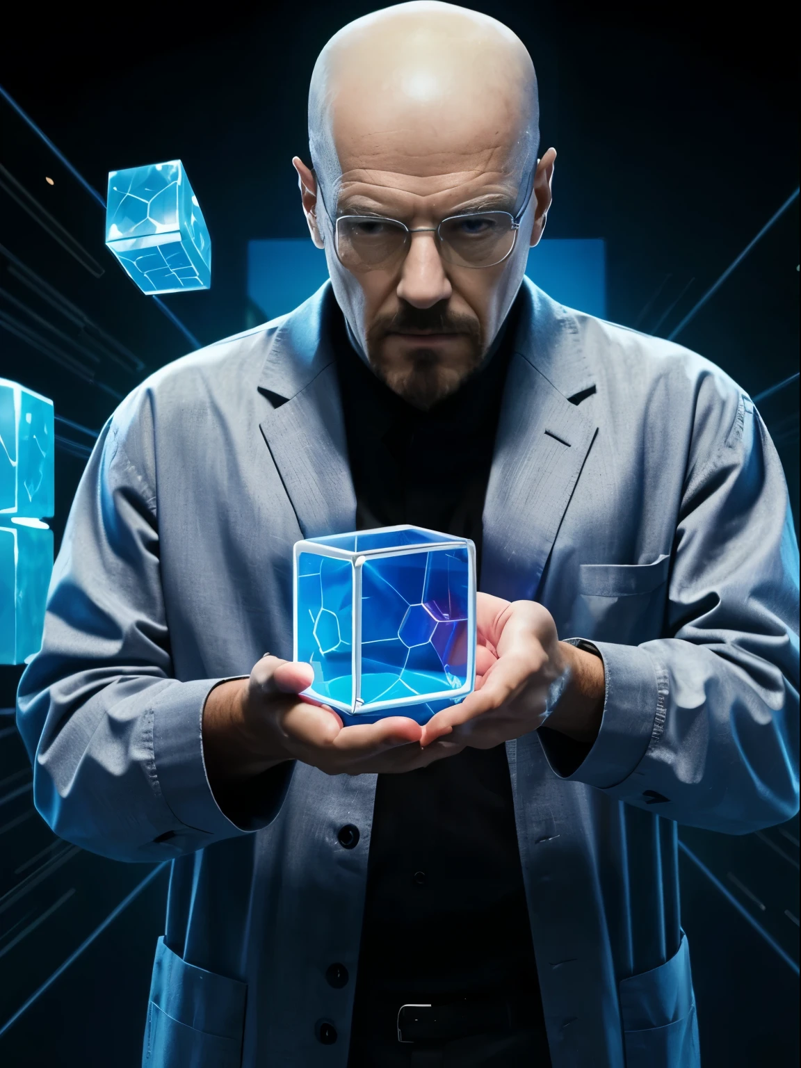 clear blue translucid and transparent futurist cube with magic power inside