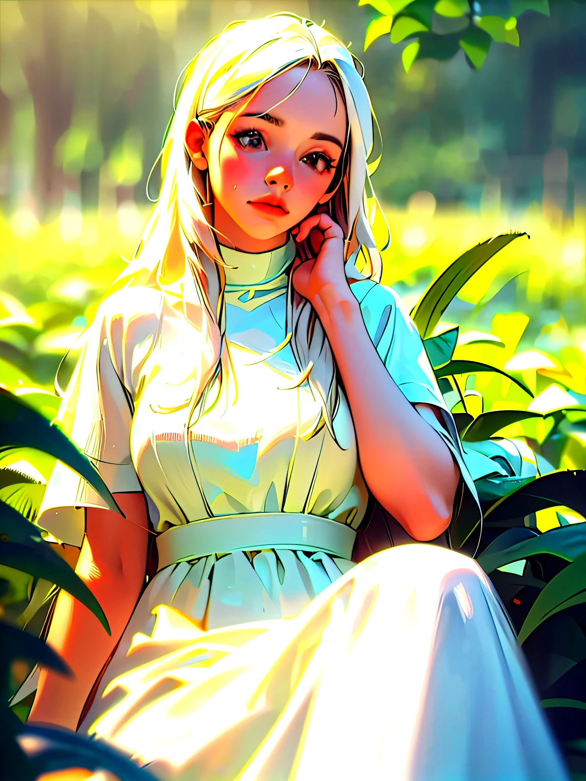 (best quality,4k,8k,highres,masterpiece:1.2),ultra-detailed,(realistic,photorealistic,photo-realistic:1.37),1girl with long white hair sitting in a field of green plants and flowers, her hand under her chin, warm lighting, white dress, blurry foreground, oil painting style, vibrant colors.