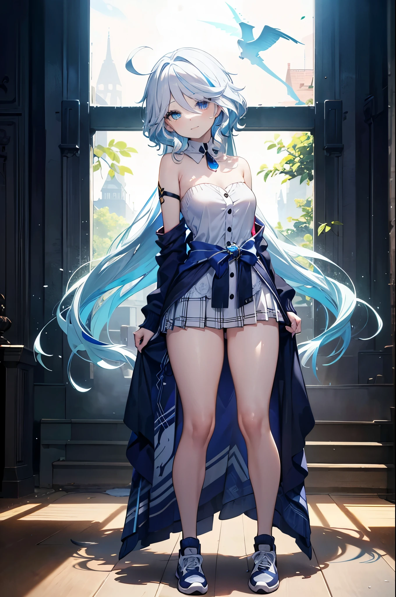 realistic image, detailed image, coherent image, 1 beautiful girl, she has very long hair, white hair with blue stripes. Her eyes are heterochromic: the right eye has a light blue iris and a drop-shaped dark blue pupil, while the left inverts the color combination. Smiling expression. She is wearing a strapless top, a cardigan, plaid pleated miniskirt, sneakers, She has a curvy body, small breasts and thick thighs, She is posing sensually, arching her back. full body view. French atmosphere, surrounded by a park, surrounded by flowers. Soft focus, Dramatic shadows, Volumetric lighting, natural lighting,furina,heterochromia,focalors
