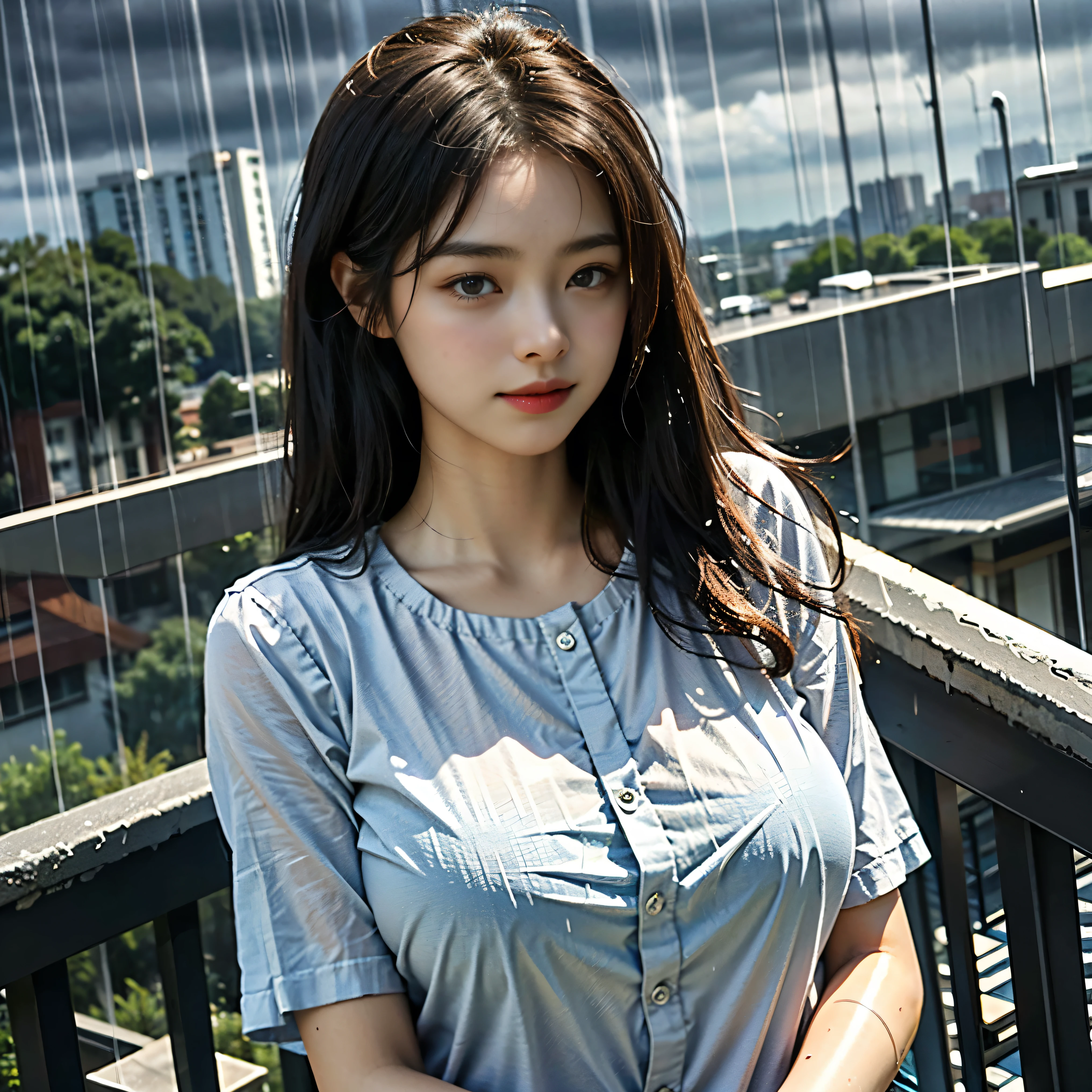 (highest quality、High resolution、Super detailed:1.2)、Fantasy、1 Beautiful ugly woman、(Perfect Body Proportions、Ideal body type)、(huge breasts)、like々New Appearance、smile、(Elegant and confident)Pause、(Float above the city:1.4)、From the dark clouds(Heavy rain pours down:1.4)、Motion Blur Effect、Strong winds、lightning、Wet body、Wet Hair、Wet clothes stick to the body、Looking into the camera