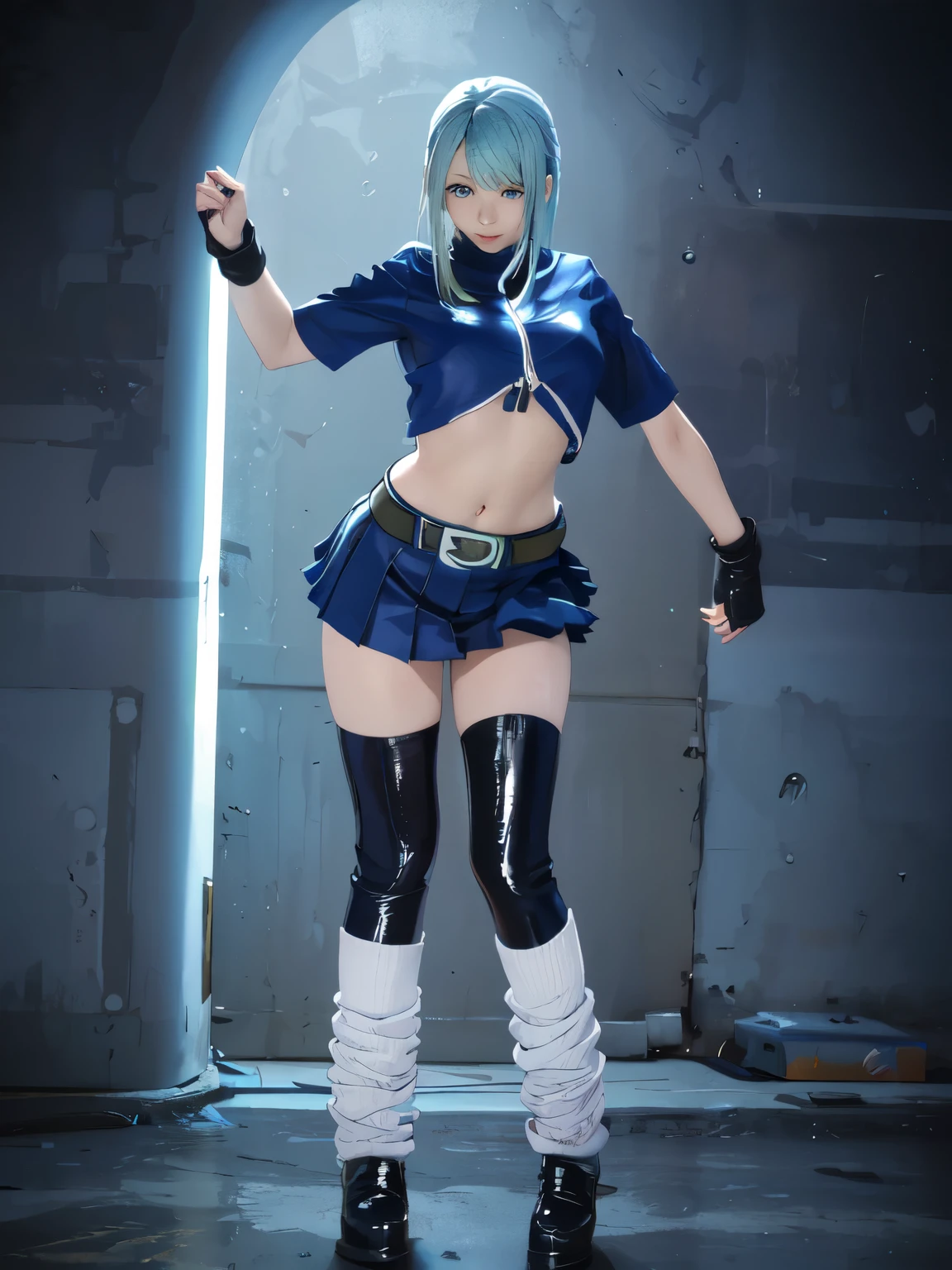 Blue Hair、Blue and black leather pants, Silver zipper,Belt below the waist,Ultra-fine illustrations,(((Beautiful fine hair))),(((Beautiful beautiful face))),(((Beautiful background))),Normal small size,Bangs Bangs ,(((Beautiful fine hair))),(((Beautiful beautiful face))),(((Beautiful background))),Blonde , Show your forehead, Silver Center Zipper, Leather Blue Black Bodysuit, Sleeveless blue-black, Shiny, Blondeのポニーテール、 indoor、Gaming Girl、So ridiculous, squint、 masterpiece, highest quality, Hair Clip, heart,Hair on one eye、sit、b. Lean forward、Hair above one eye, Asymmetrical bangs,Character portrait、loose socks、Hatsune Miku、Gradient Color Hair、Tying up hair、Colorful Hair、squint、Messy Hair、Blunt bangs cut、Pleated skirt、Black Shirt、Striped Hair、Messy Hair、Sloppy、squint、Drunk、( fool / Sexual Ecstasy)、highest quality, Realistic, Super delicate illustration, Beautiful and attractive anime girl, Slender body, Tied Hair, One Girl, Girl Photos, Full Body Shot, Beautiful Blue Eyes,