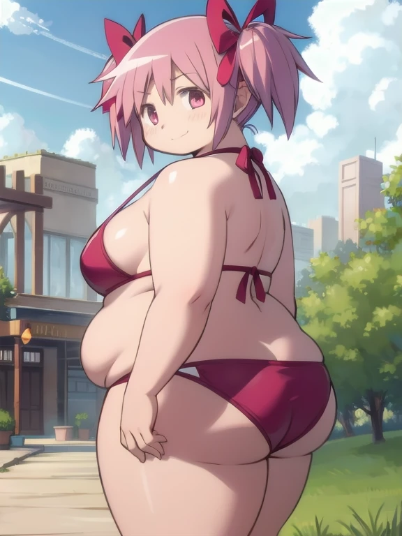 1girl, solo, masterpiece, best quality,
        mahou shoujo madoka magica, obese kaname madoka, fat madoka kaname, pink eyes, pink hair, fat belly, fat arms, thick thighs, big butt, obese , chonky, short hair, twintails, hair ribbon, small breasts, pink bikini, Perfect fat body, body positive
          cowboy shot, twisted torso, looking back,
          blush, seductive smile, happy
          outdoors, breach