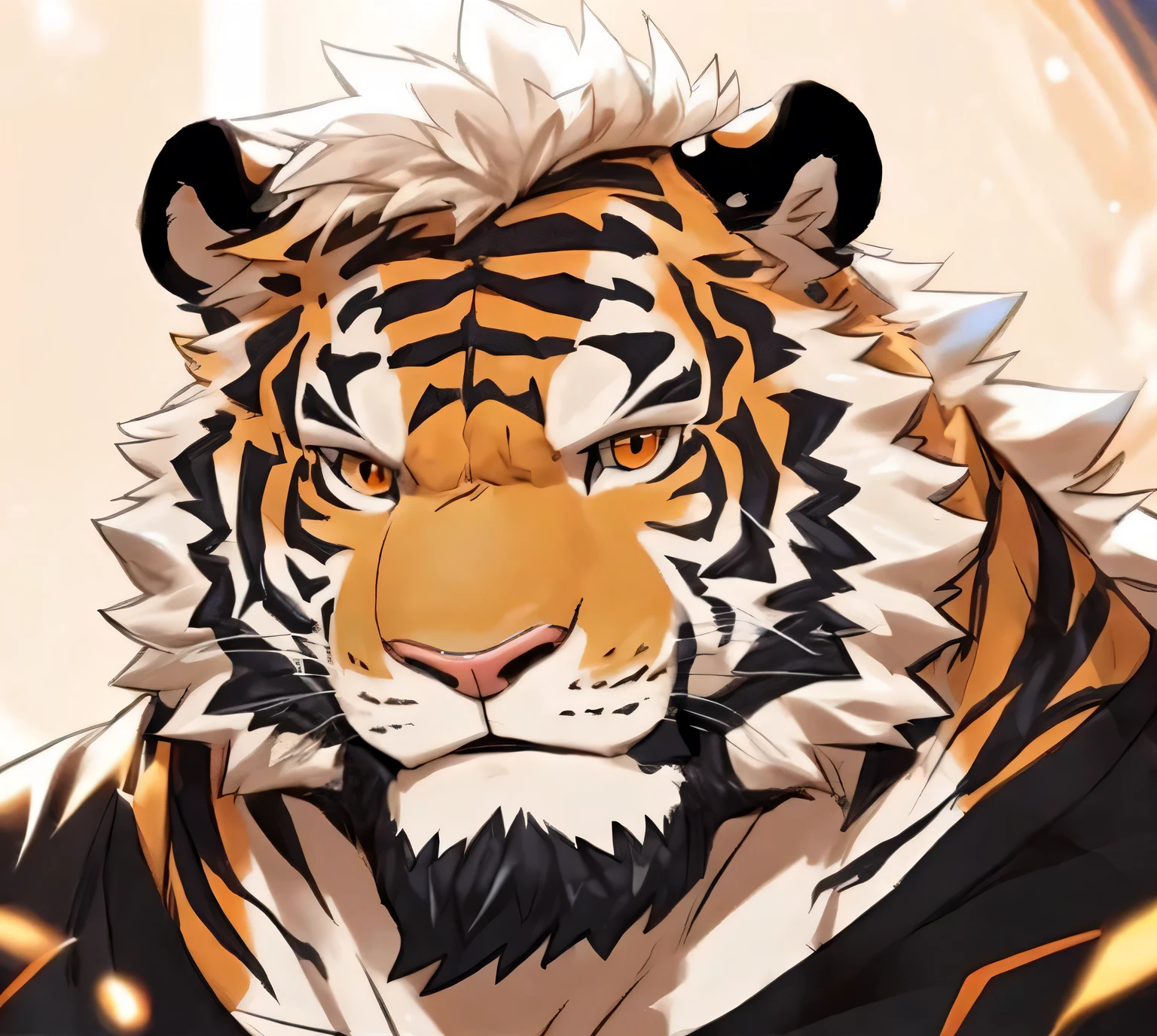 Humanity, Kanno, male, alone, ((round face, Very plump face,orange eyes,thick beard)), ((endomorph body type, Handsome)), (Modern shirt), ((domestic Tiger, Tiger) fluffy fur, fluffy), (by the river), Bokeh, (high quality, high resolution, masterpiece), (dynamic lighting, Bright colors), (Generous smile), (Face focus), Front view (close up), cartoon, sharp eyes, smaller nose