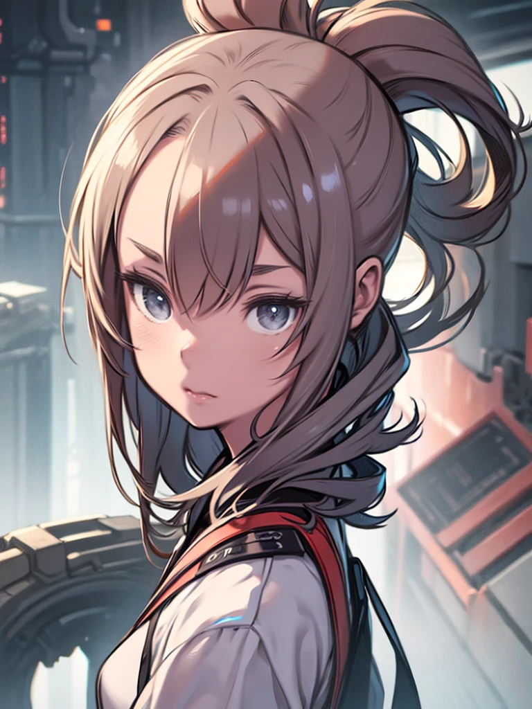 Close-up of a cartoon girl with a ponytail and a white shirt、(masterpiece, Better Quality: 1.2), One girl, Adolescent microdislocations, Coral grey action hair updo, Back Spring Shirt, next to, Character Concept Art, Portraiture, Very consistent, 4K, be familiar with, Trending on Artstation, hard disk, Realist, Bokeh, Digitalイラスト：Lost Draw, be familiar with, 4K, Amazing details, Digital
